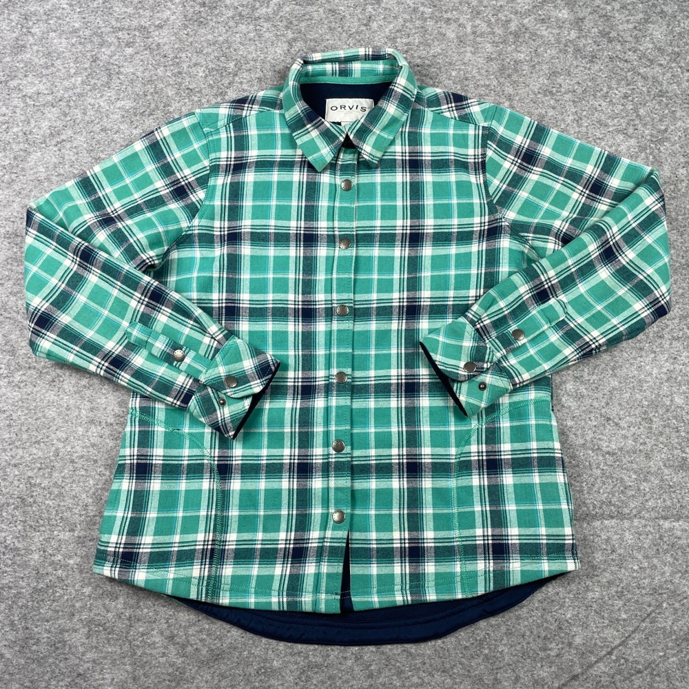 Orvis Shirt Jacket Womens M Green Plaid Fleece Lined Snap Front Pockets Shacket